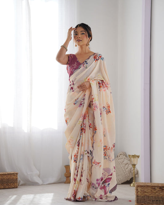 Peach color chinon saree for women