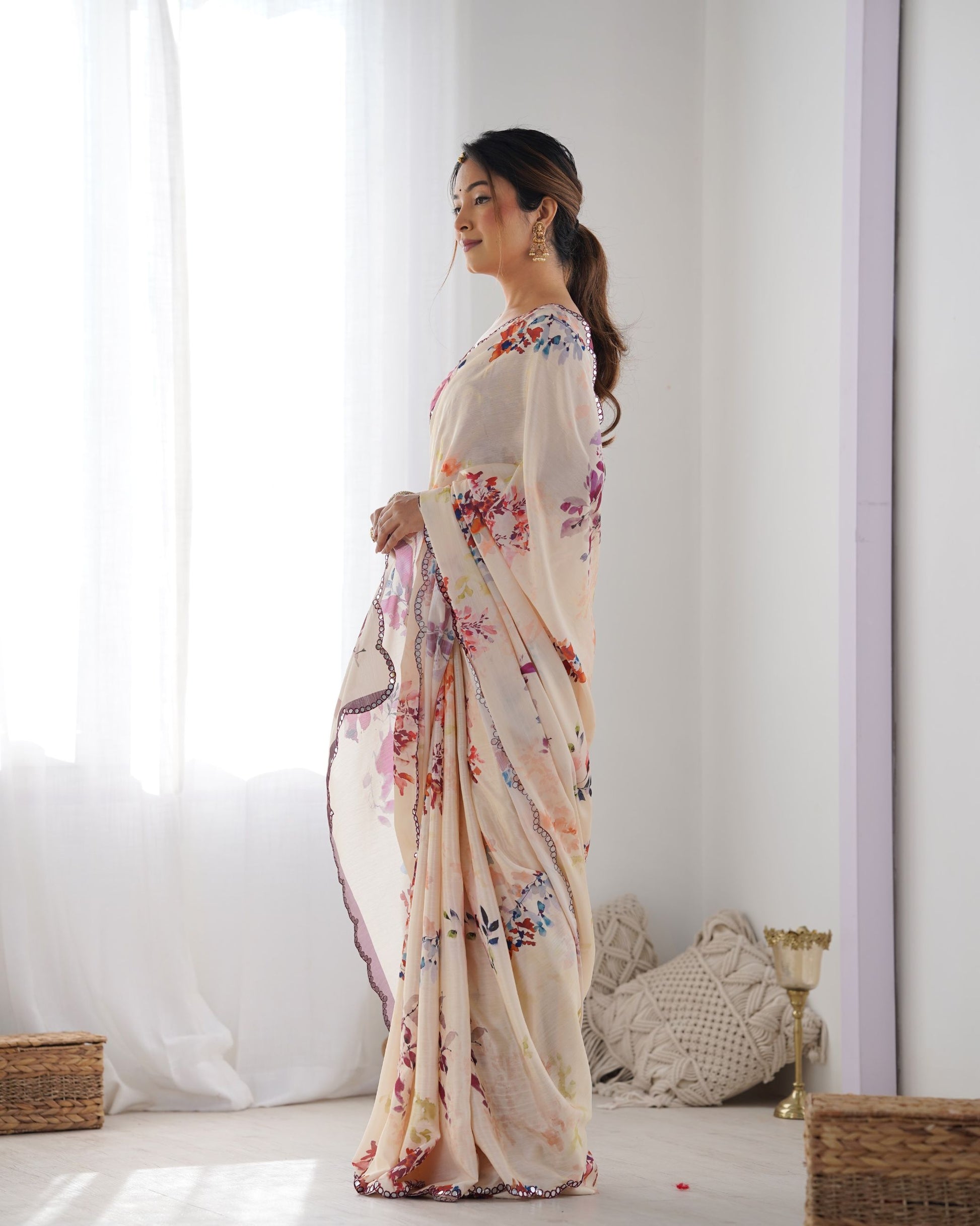 Peach color chinon saree online 