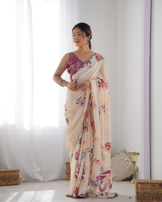 Peach color chinon saree images