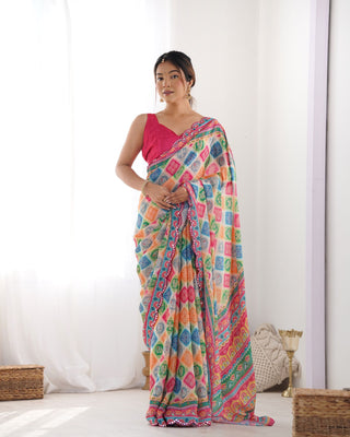 Multi color chinon printed saree for women