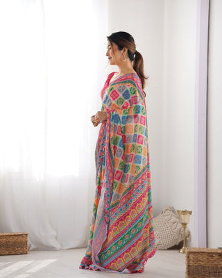 Multi color chinon printed saree with blouse