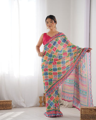 Multi color chinon printed saree for festive party