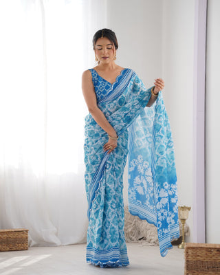 Blue color chinon printed saree images