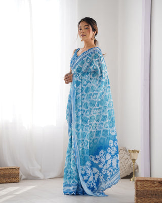 Blue color chinon printed saree online shopping