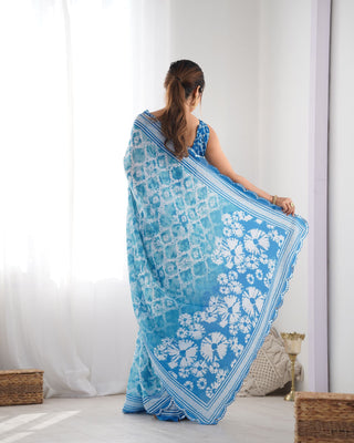 Blue color chinon printed saree price