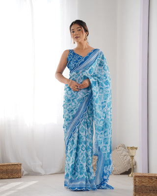 Blue color chinon printed saree for women