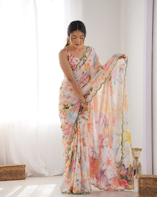 Multi color chinon saree for women