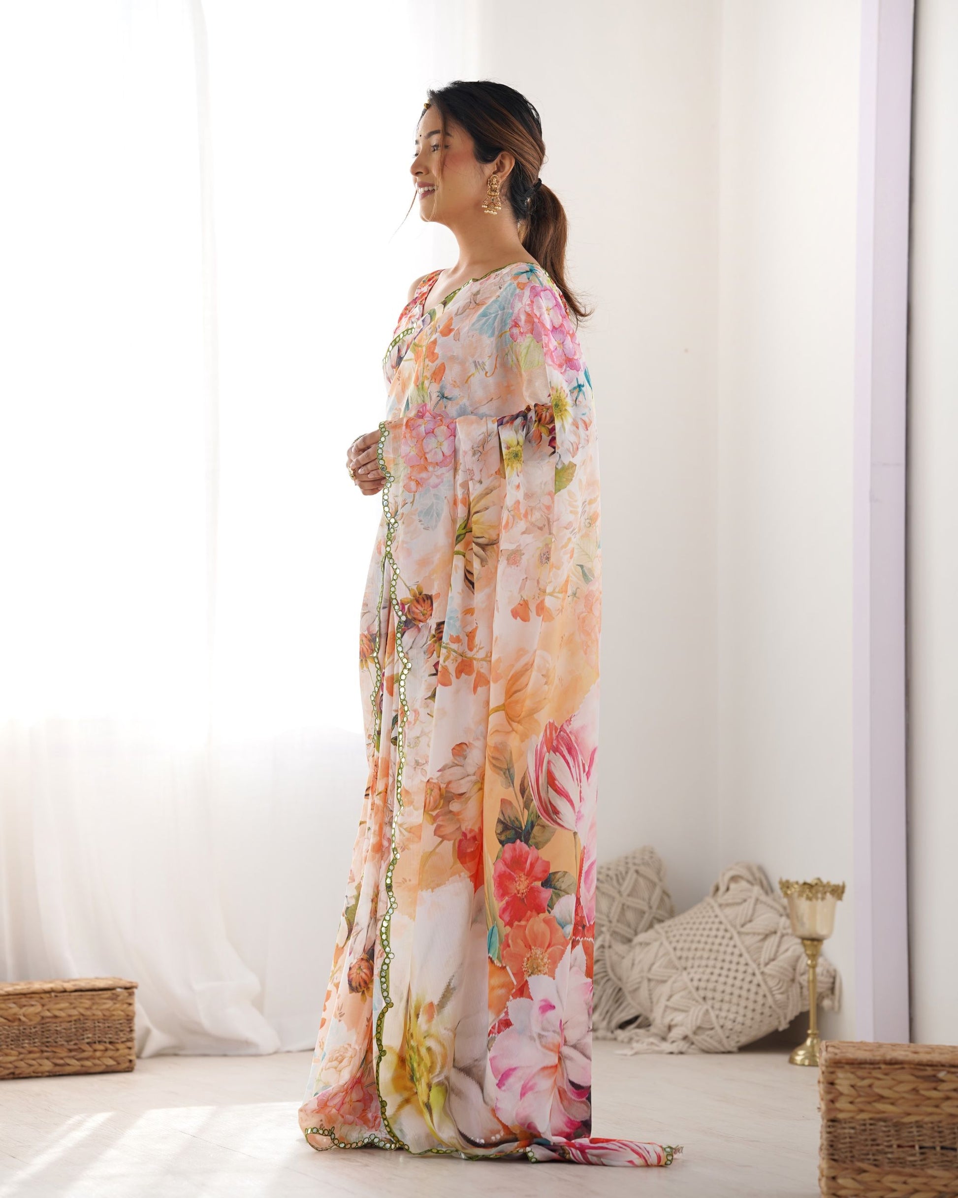 Multi color chinon saree price
