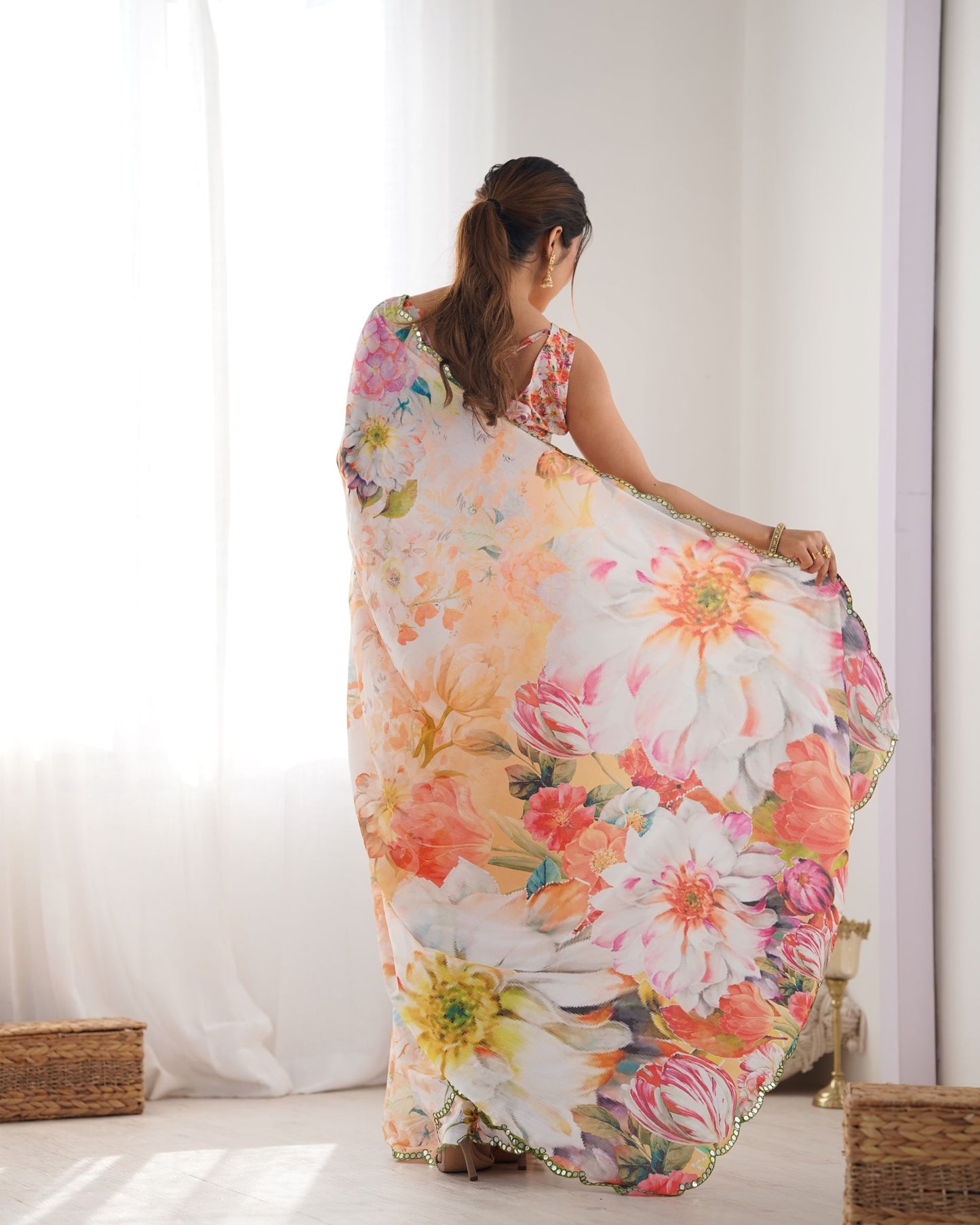 Multi color chinon printed saree images