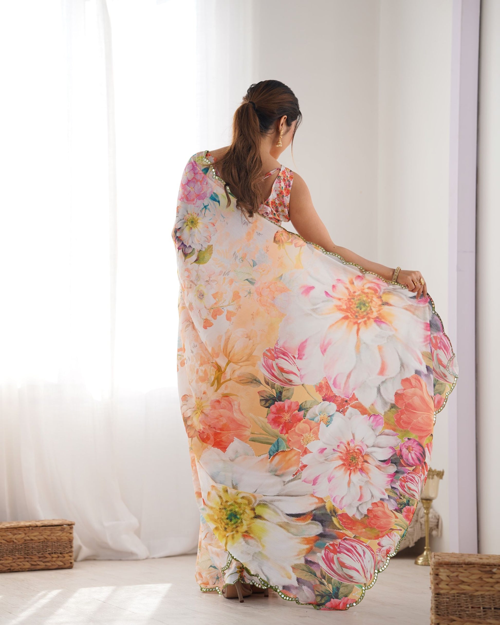 Multi color chinon printed saree images