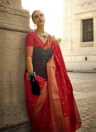 Red weaving saree with blouse online 