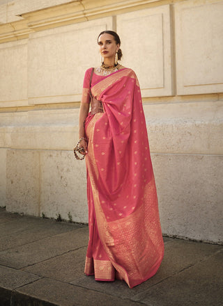 Pink color khadi handloom silk saree for women online shopping
