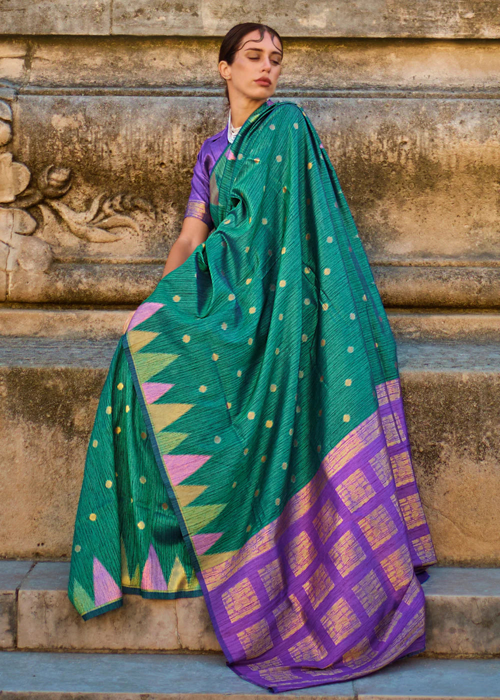 Teal Green color khadi silk saree for wedding