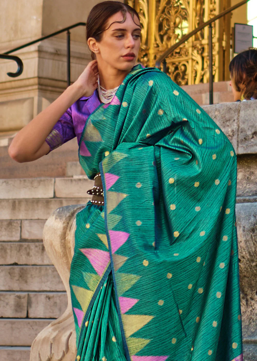 Teal Green color khadi silk saree online shopping