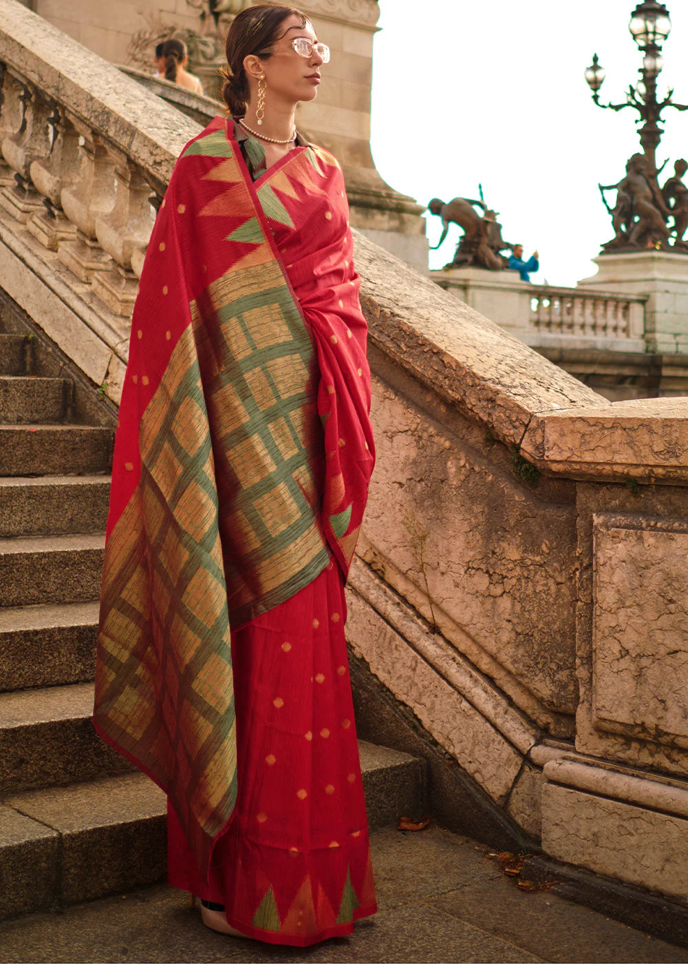 Red color khadi silk weaving saree with blouse