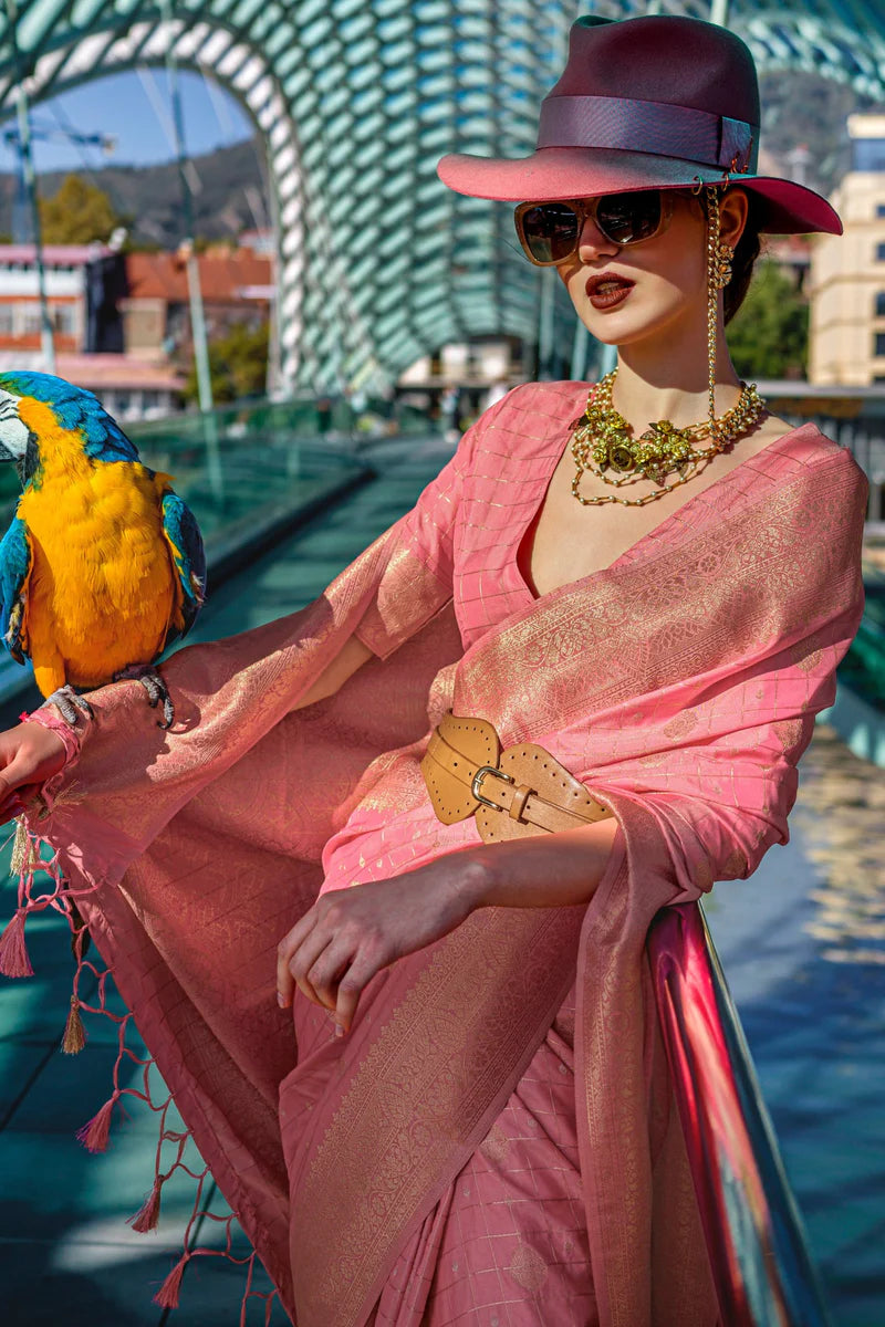 Peach color handloom silk saree with blouse