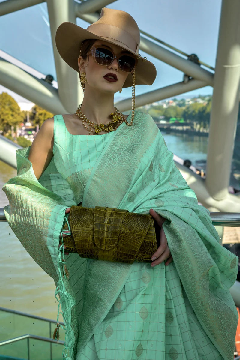 Rama color handloom silk saree with blouse online