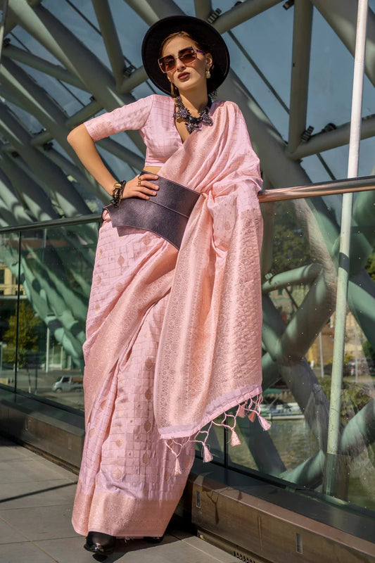 Pink color handloom silk saree for women
