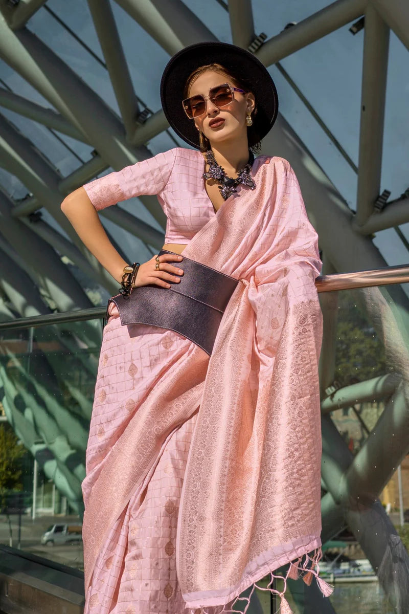 Pink color handloom silk saree with blouse price