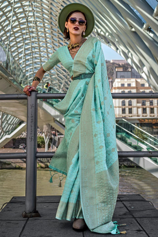 Sky color handloom silk saree for women