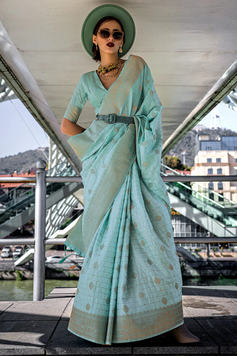 Sky color handloom silk saree with blouse online shopping