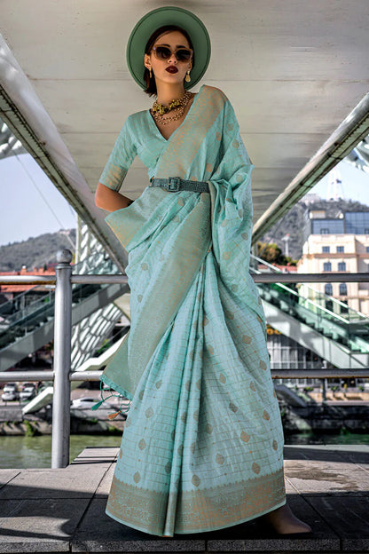 Sky color handloom silk saree with blouse online shopping