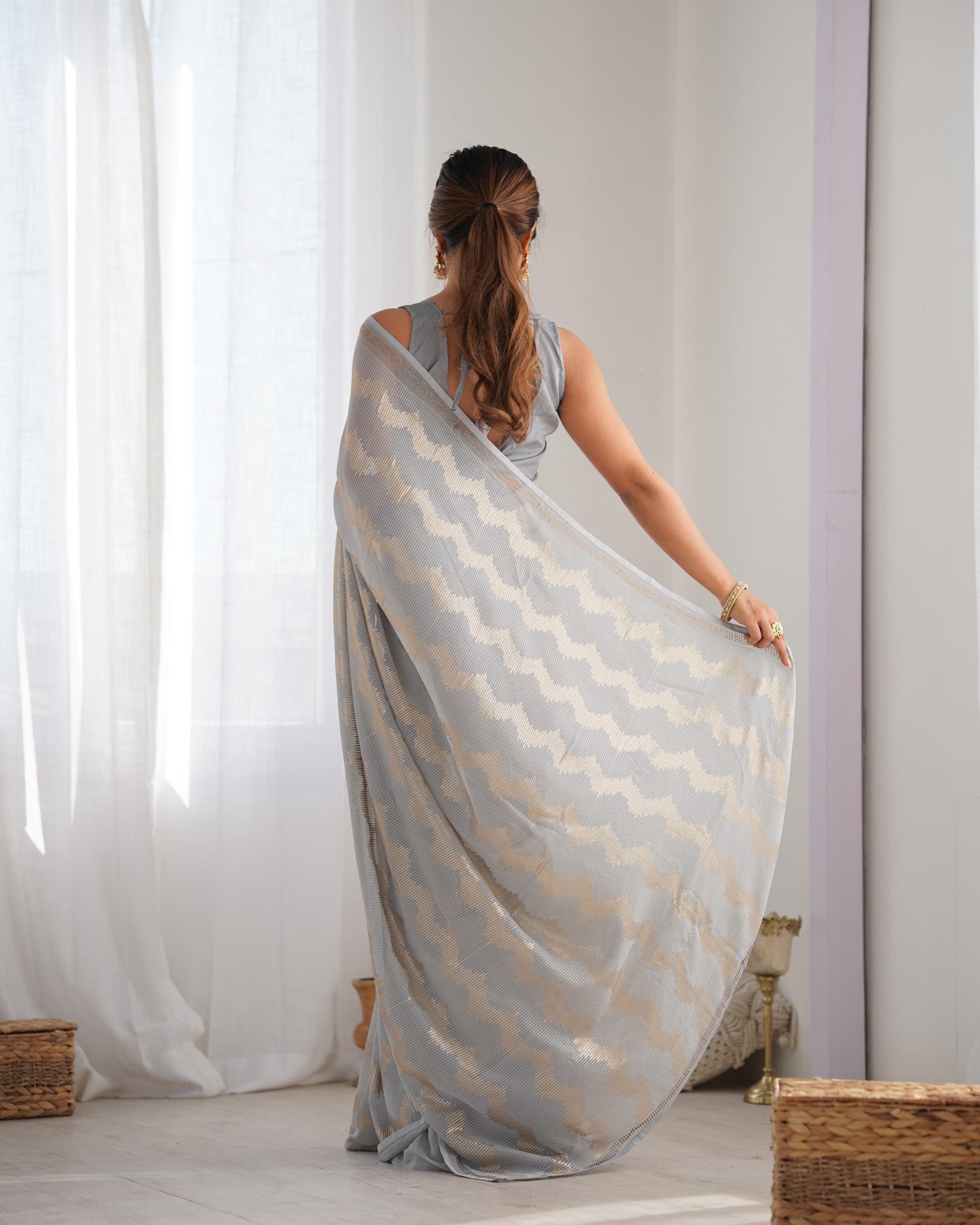 Grey color georgette saree for wedding
