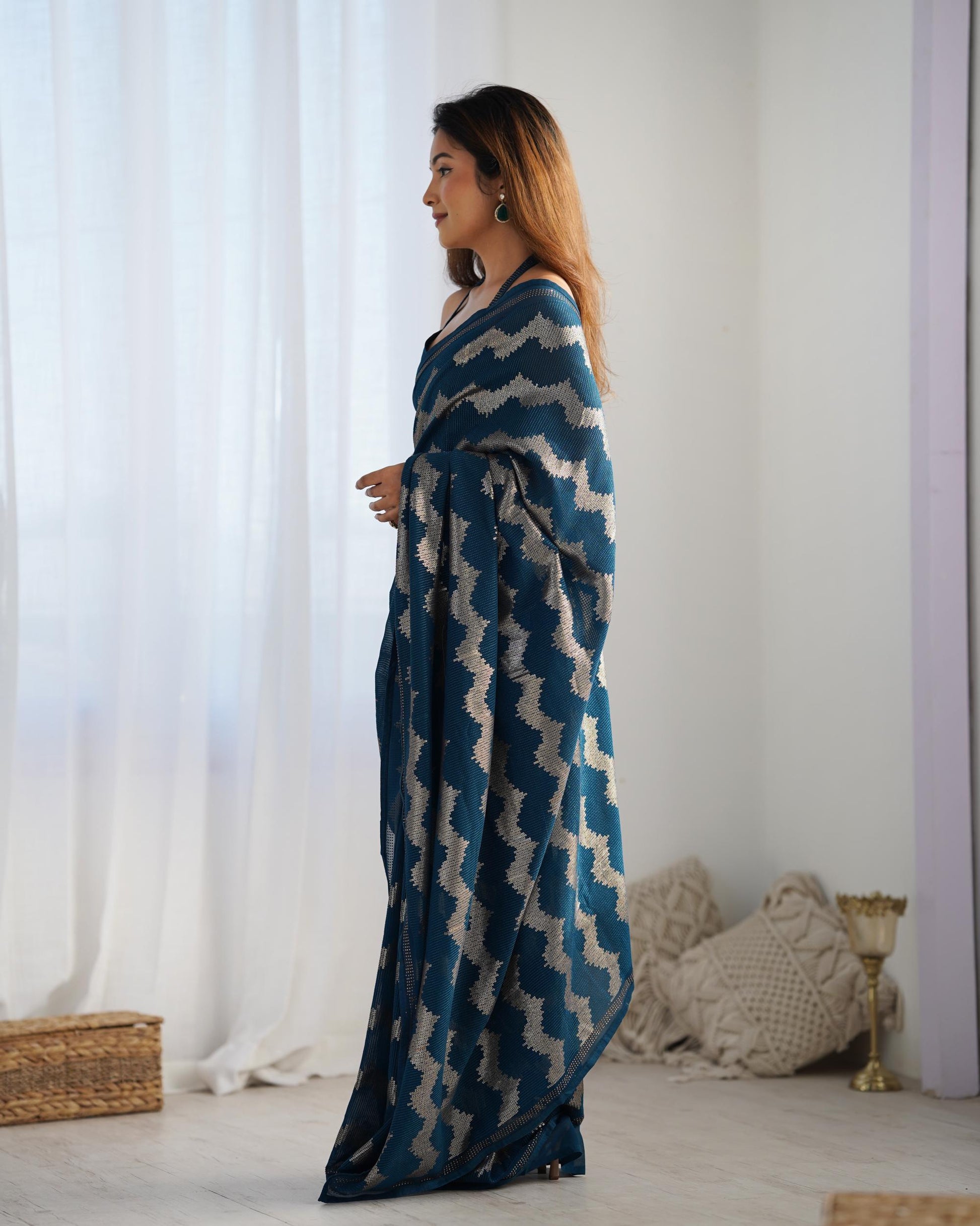Teal blue color georgette saree for wedding
