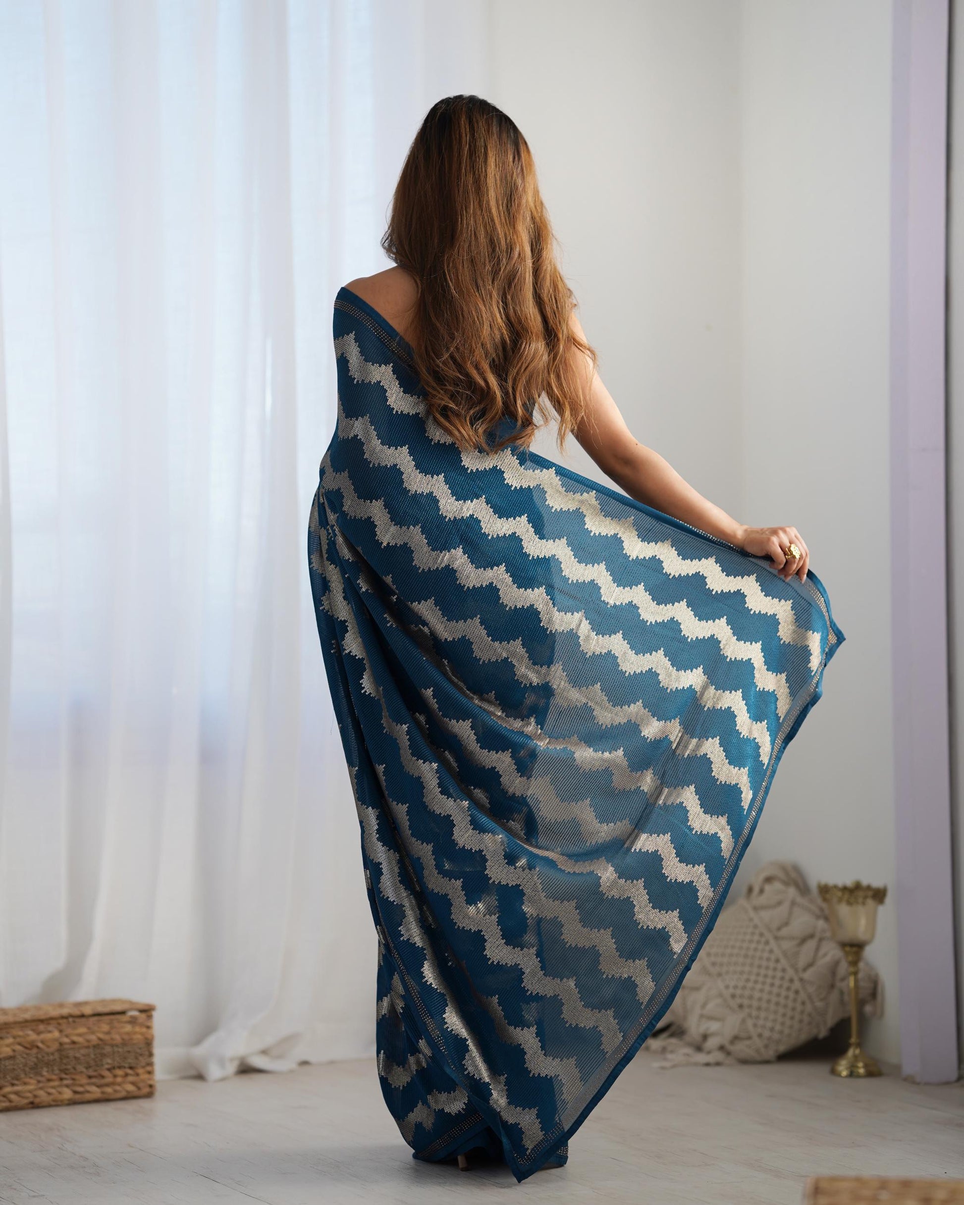 Teal blue color georgette saree online shopping