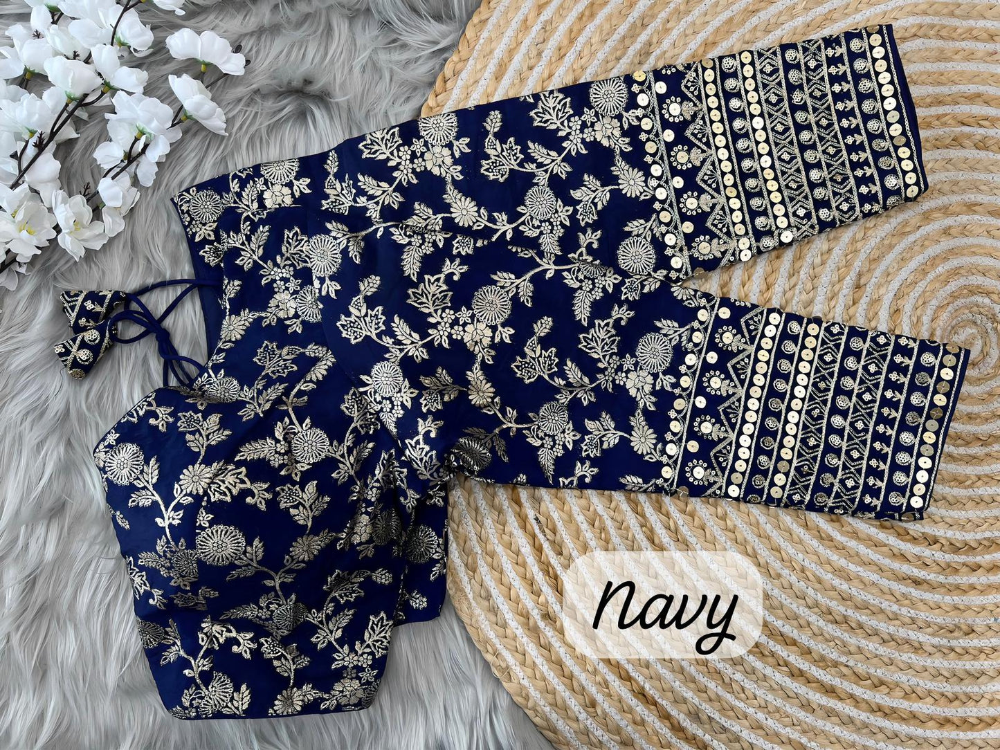  Navy dola silk blouse design For Sari