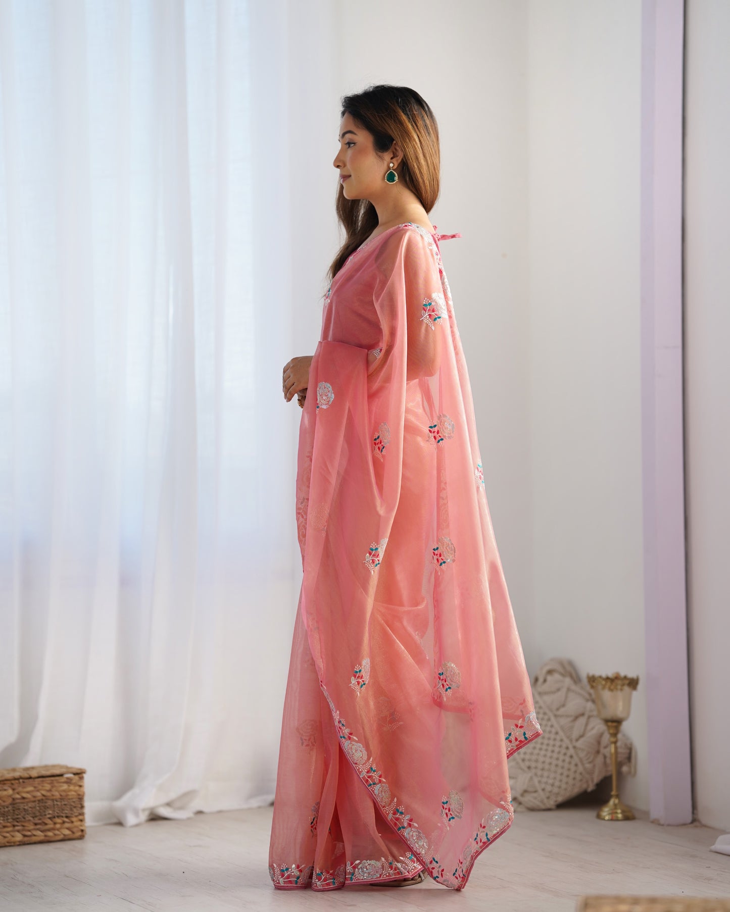 Peach color gold twill net saree online shopping