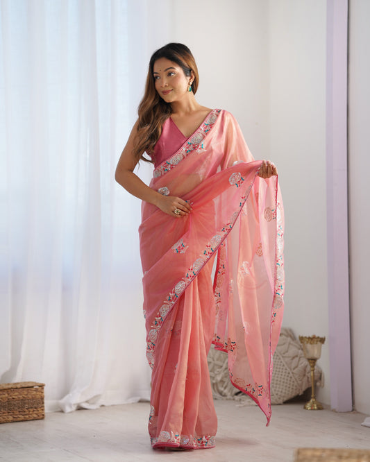 Peach color gold twill net saree for women 