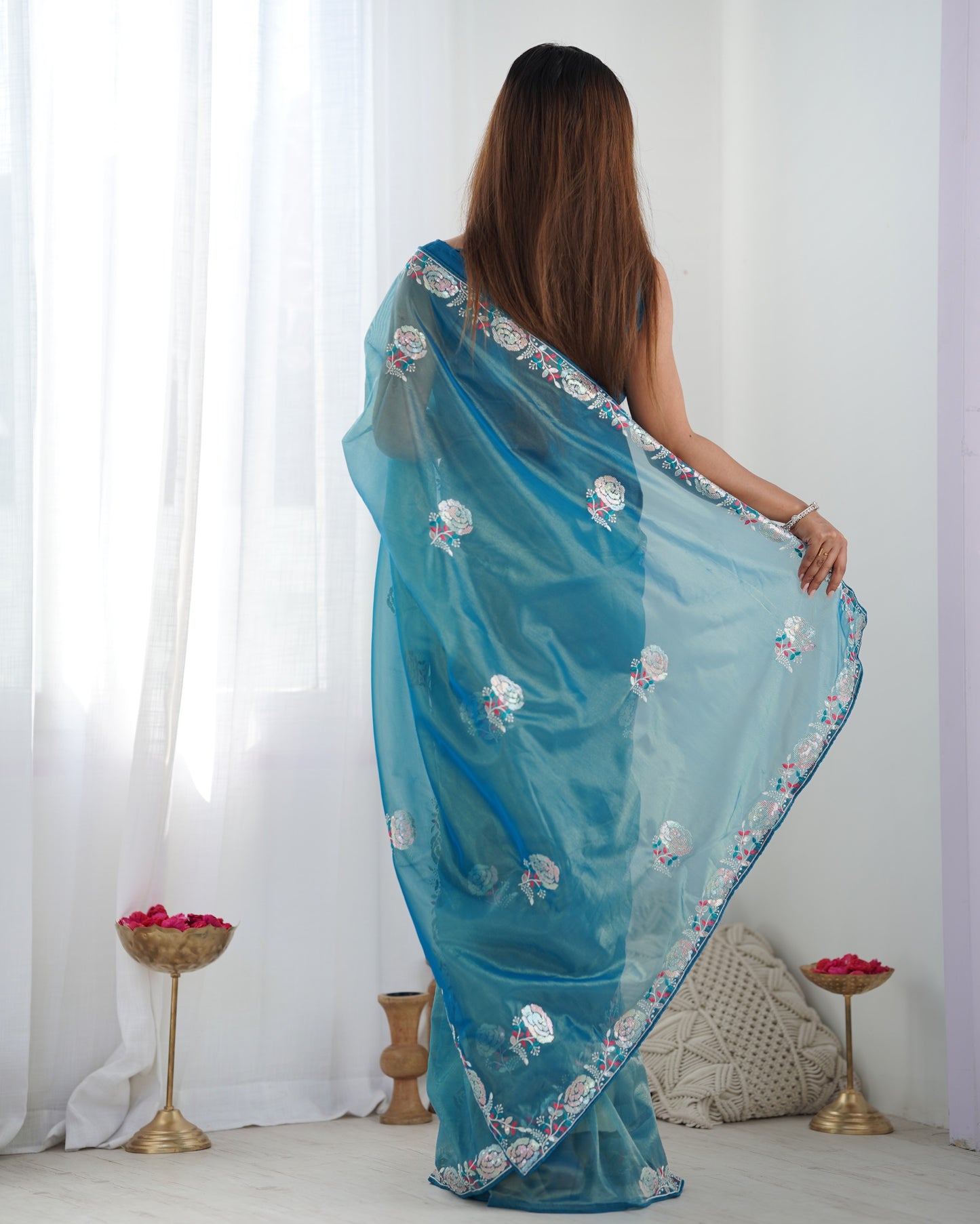 Teal blue color net saree for wedding
