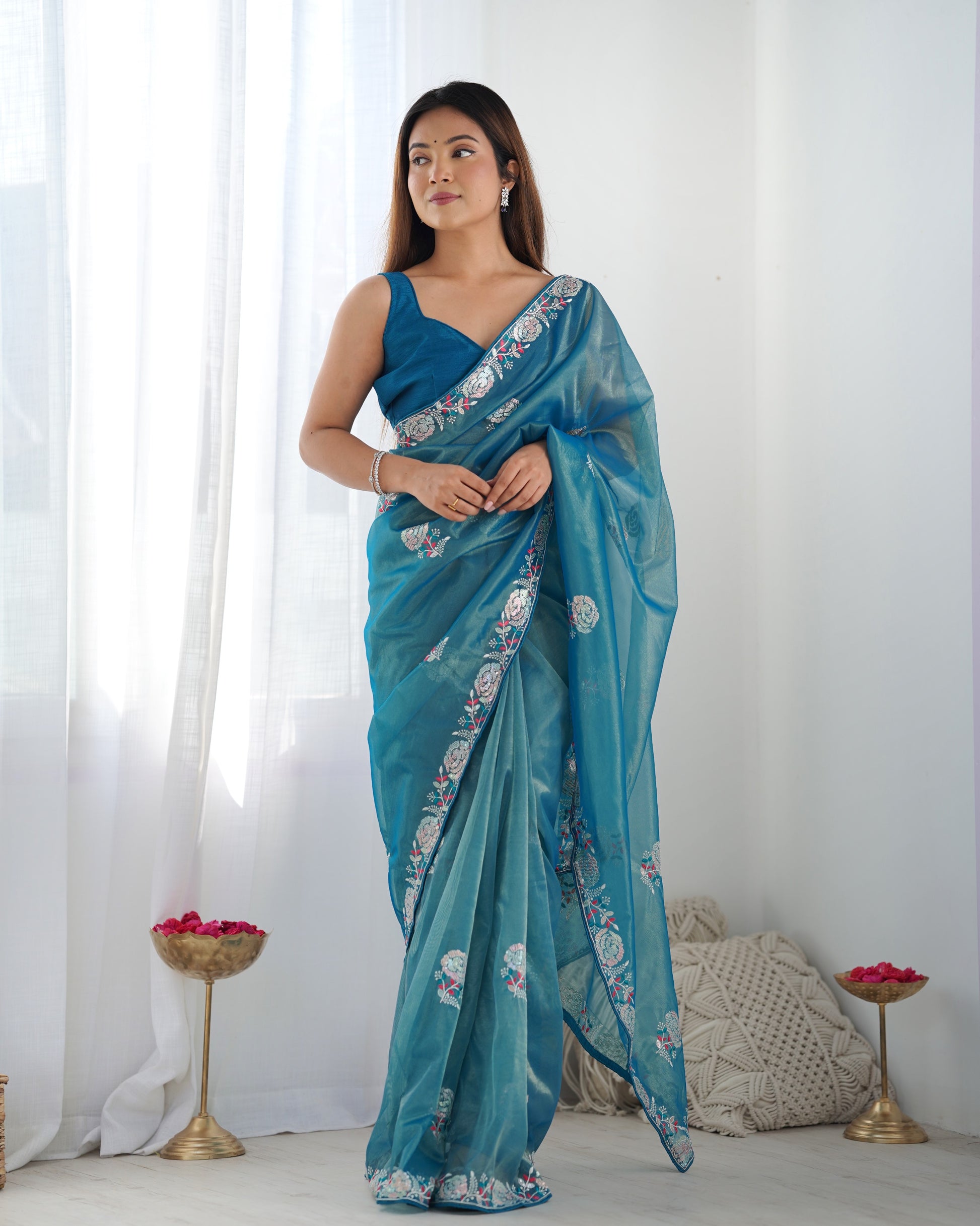 Teal blue color net saree for women with price
