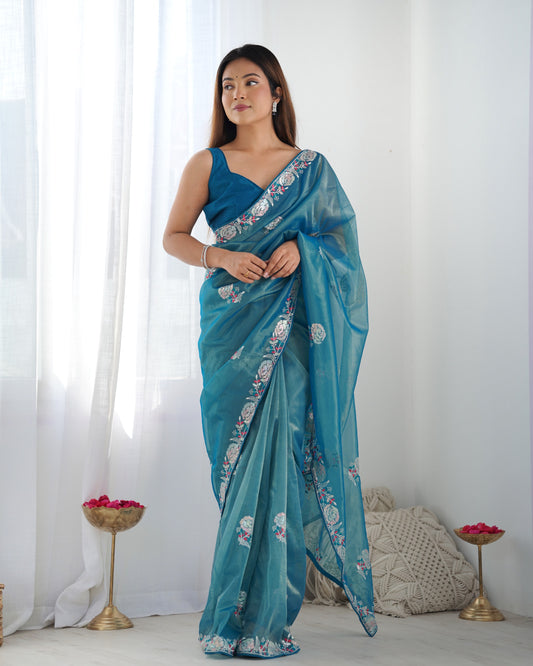 Teal blue color net saree for women with price
