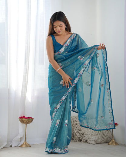 Teal blue color net saree for women with online
