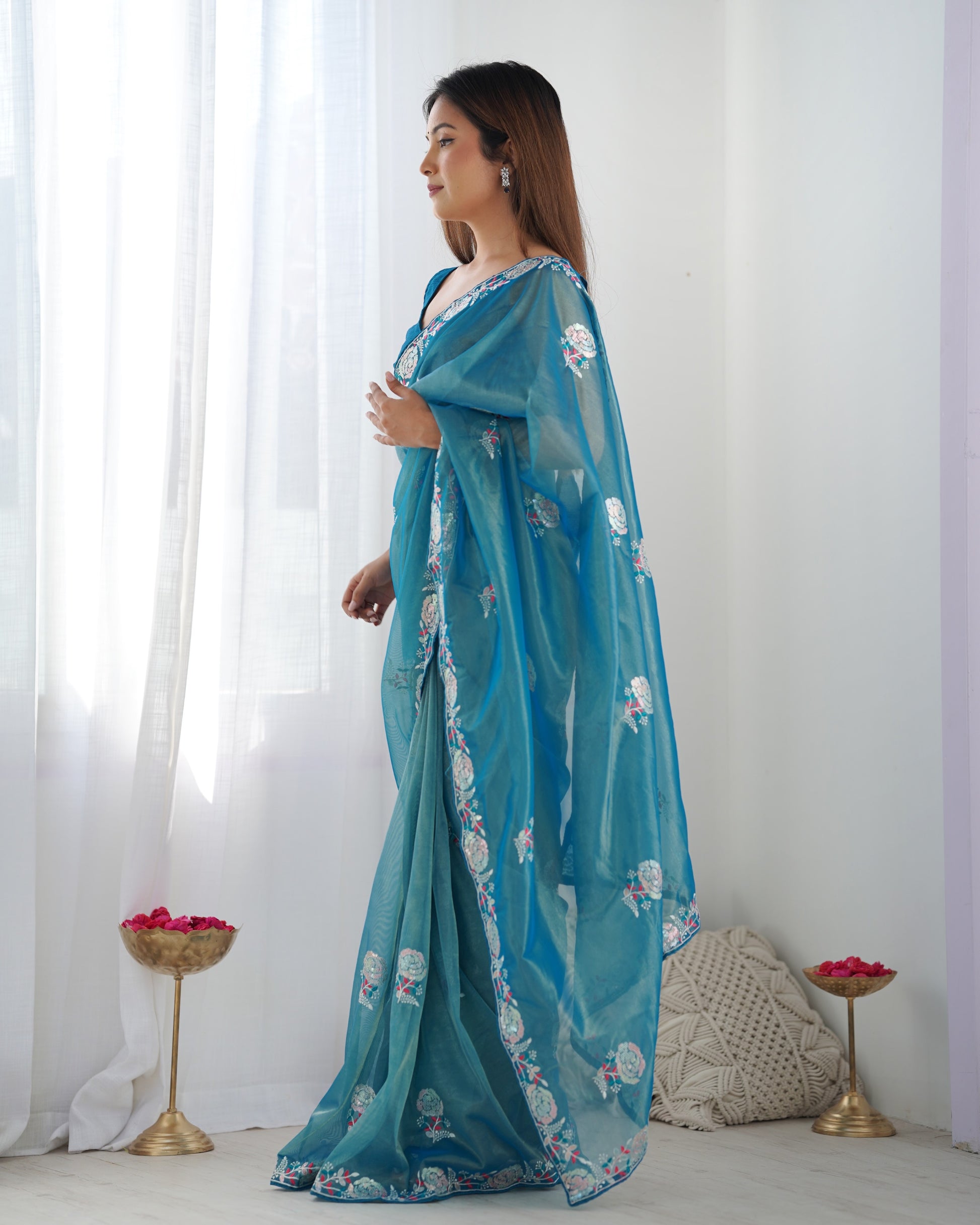 Teal blue color net saree for women with images

