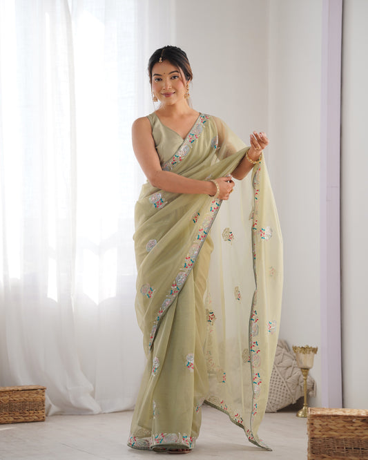 Pista color gold twill net saree for women