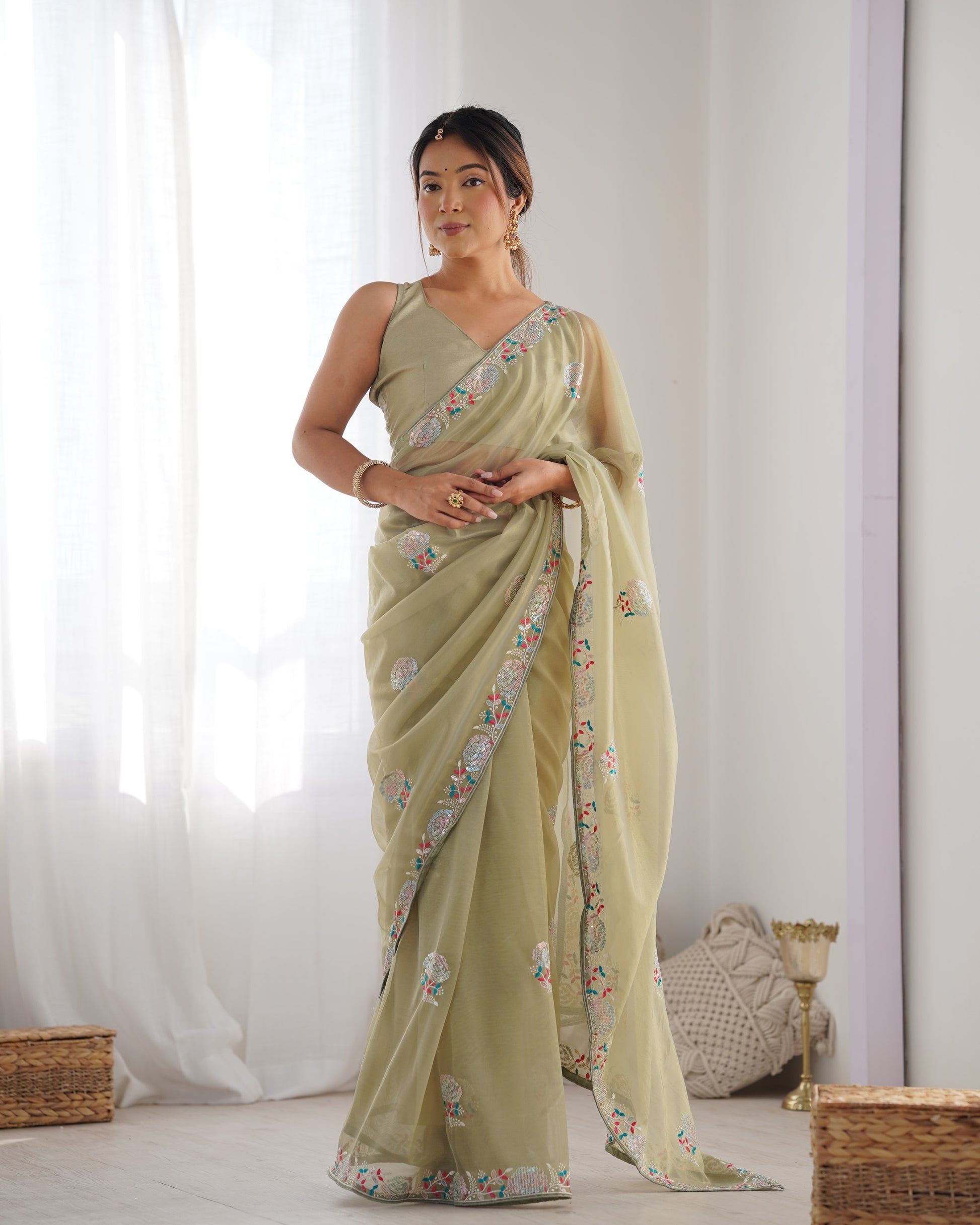 Pista color gold twill net saree for women price