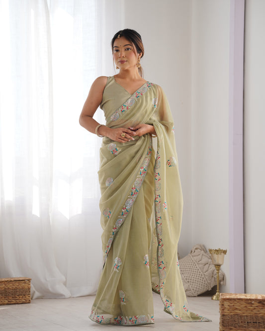 Pista color gold twill net saree for women price