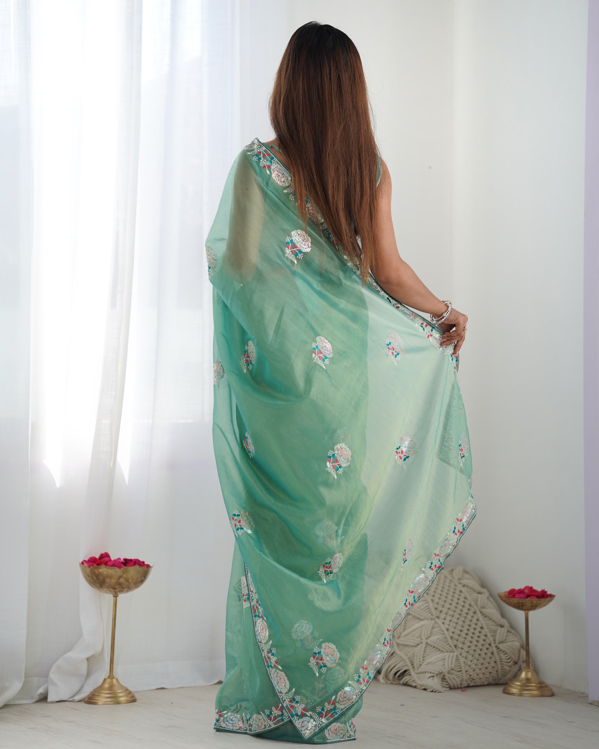 Sea green color net saree for wedding