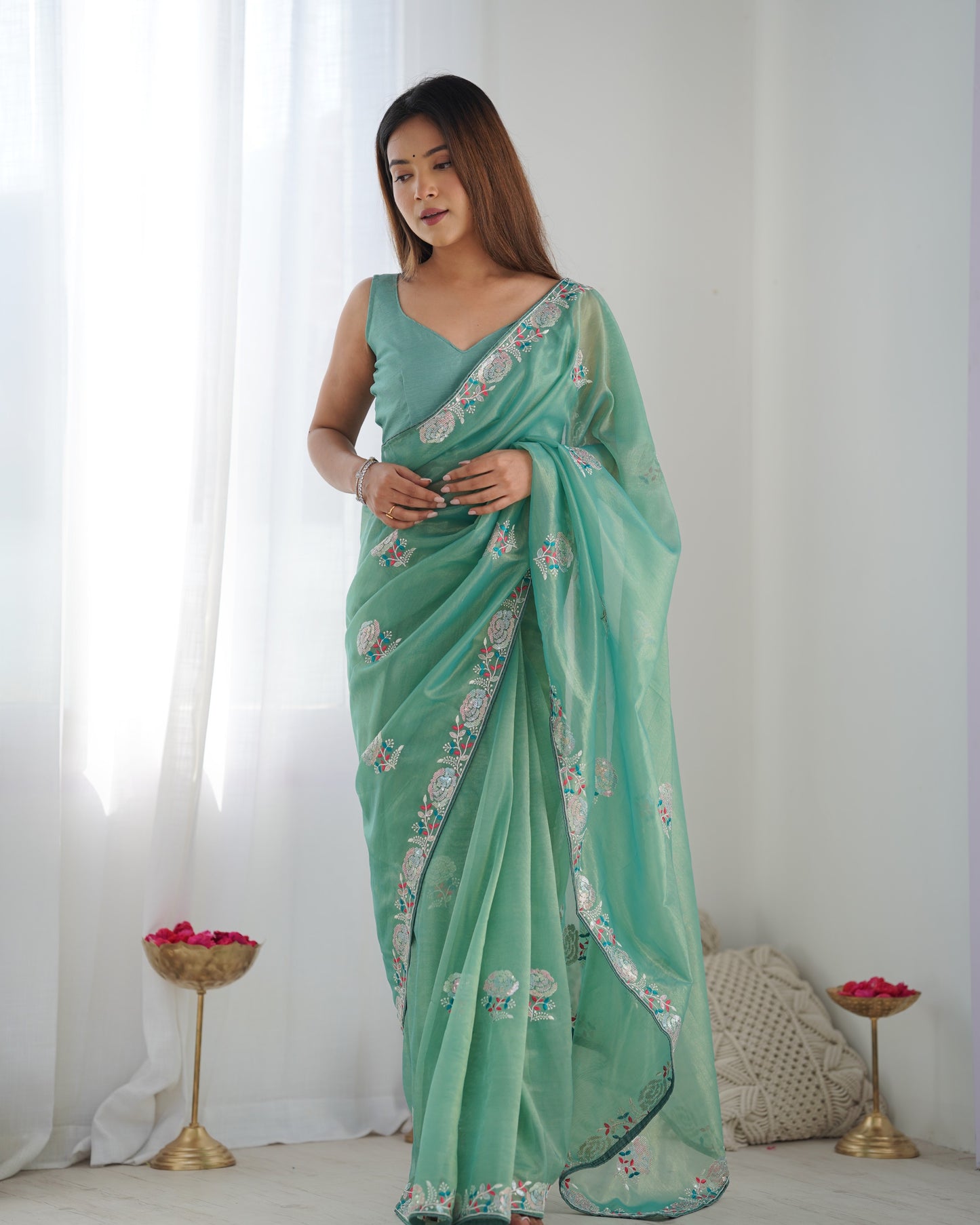 Sea green color net saree online shopping