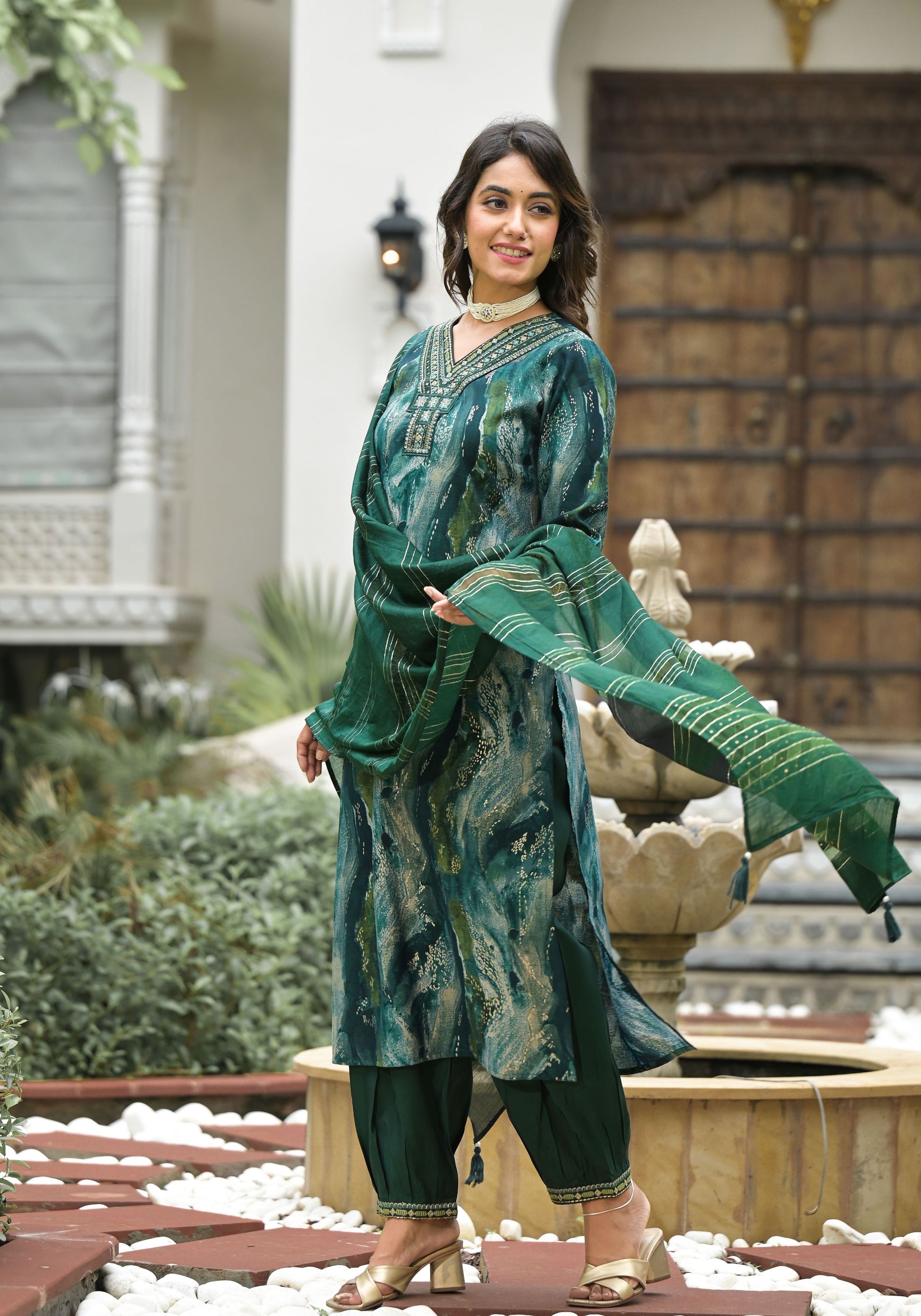 Dark green color modal silk salwar suit for women
