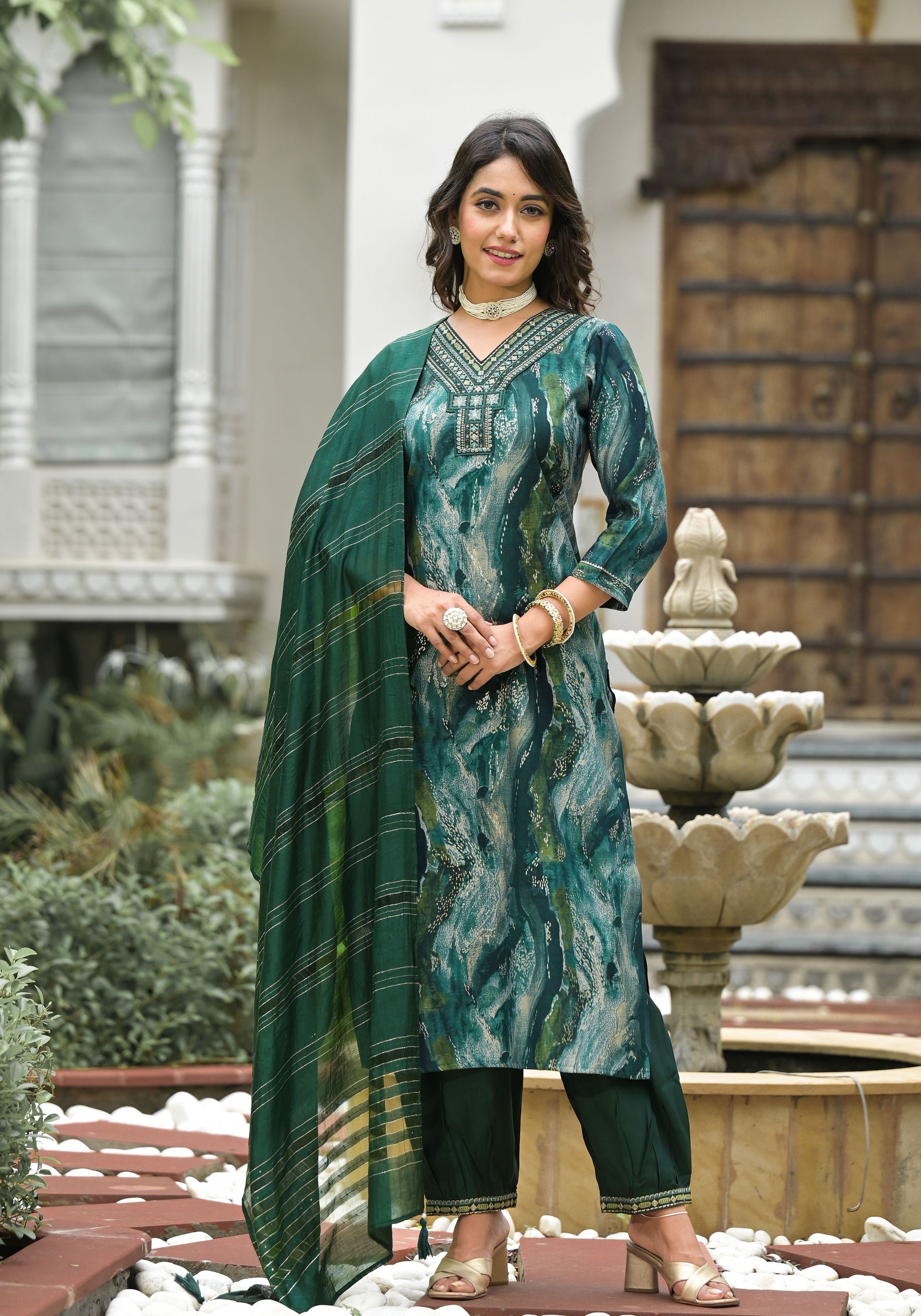 Green color modal silk salwar suit for party
