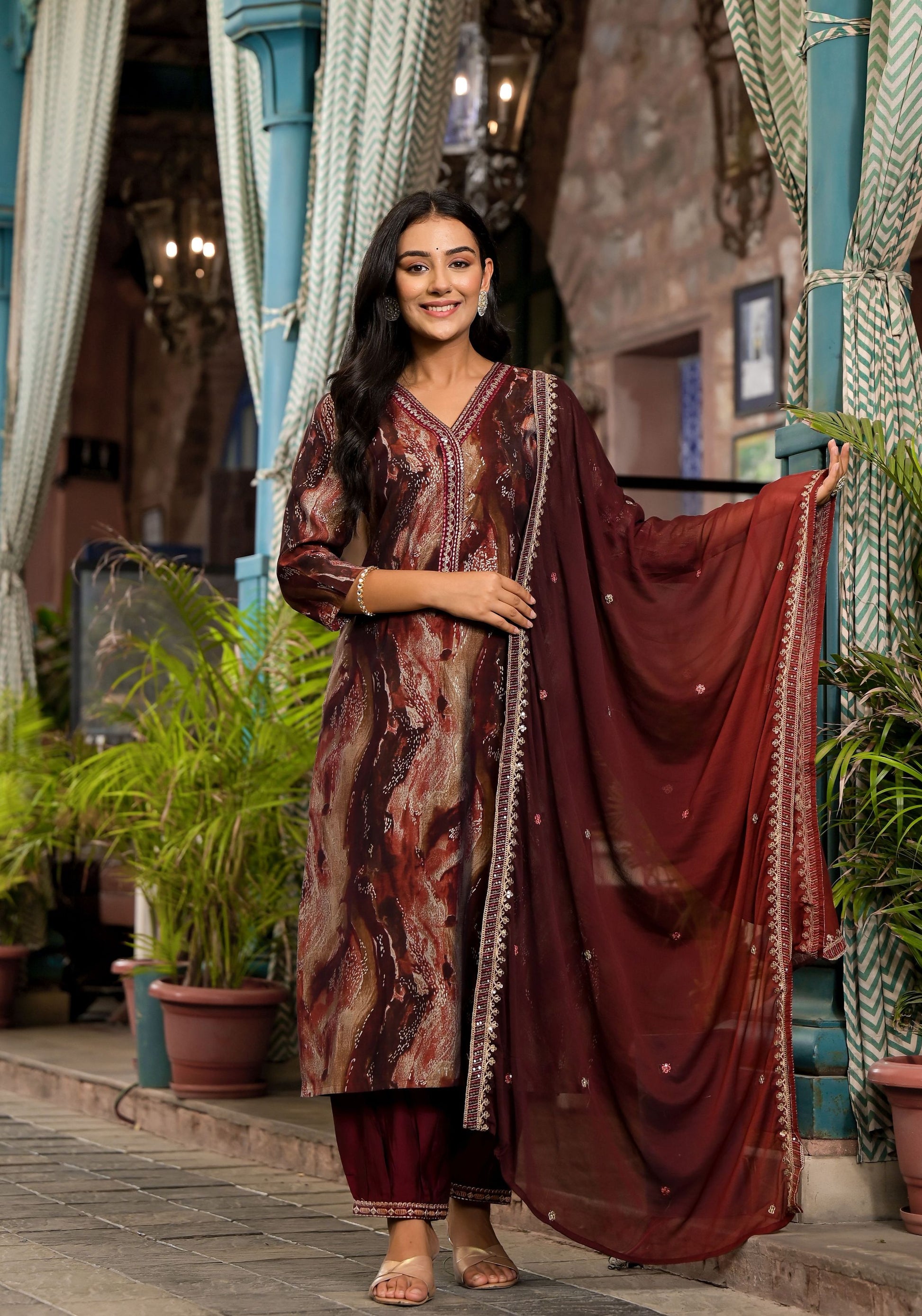 Brown color modal silk salwar suit for party
