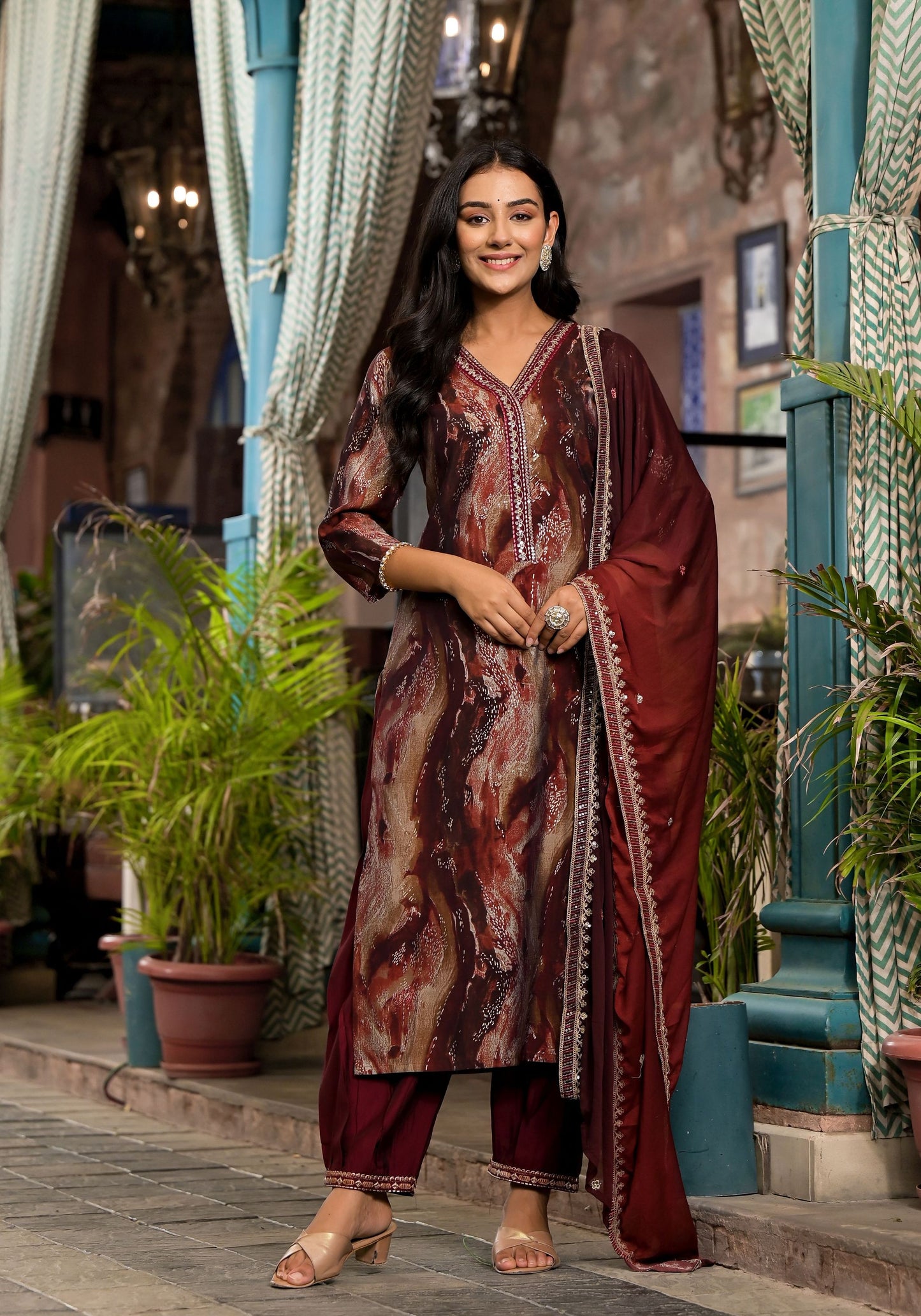 Brown color modal silk salwar suit for women with dupatta
