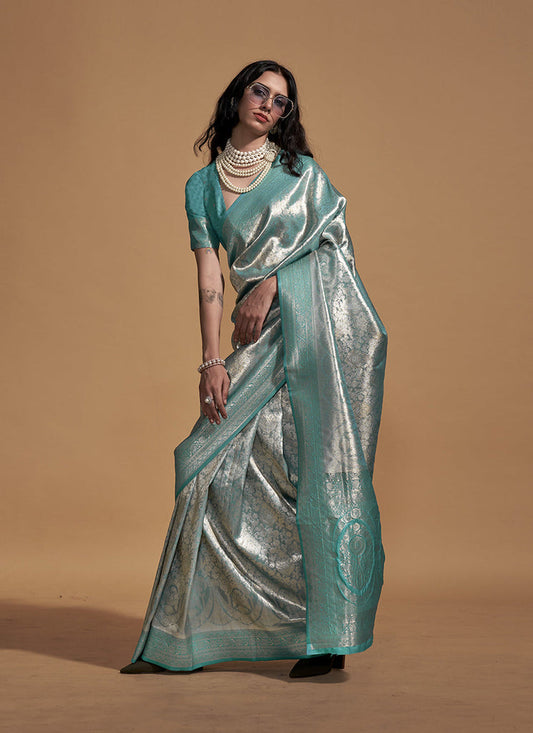 Rama color kanjivaram silk saree for women online
