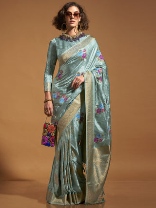 Sky color satin saree for wedding wear