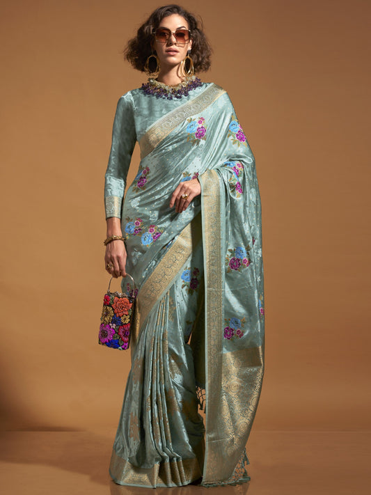 Sky color satin saree for wedding wear
