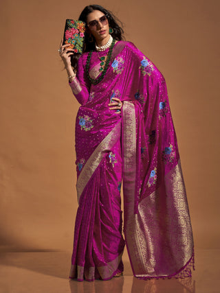 Magenta color satin saree for women